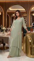 Sage Green Embellished Layered Kurta & Palazzo Set