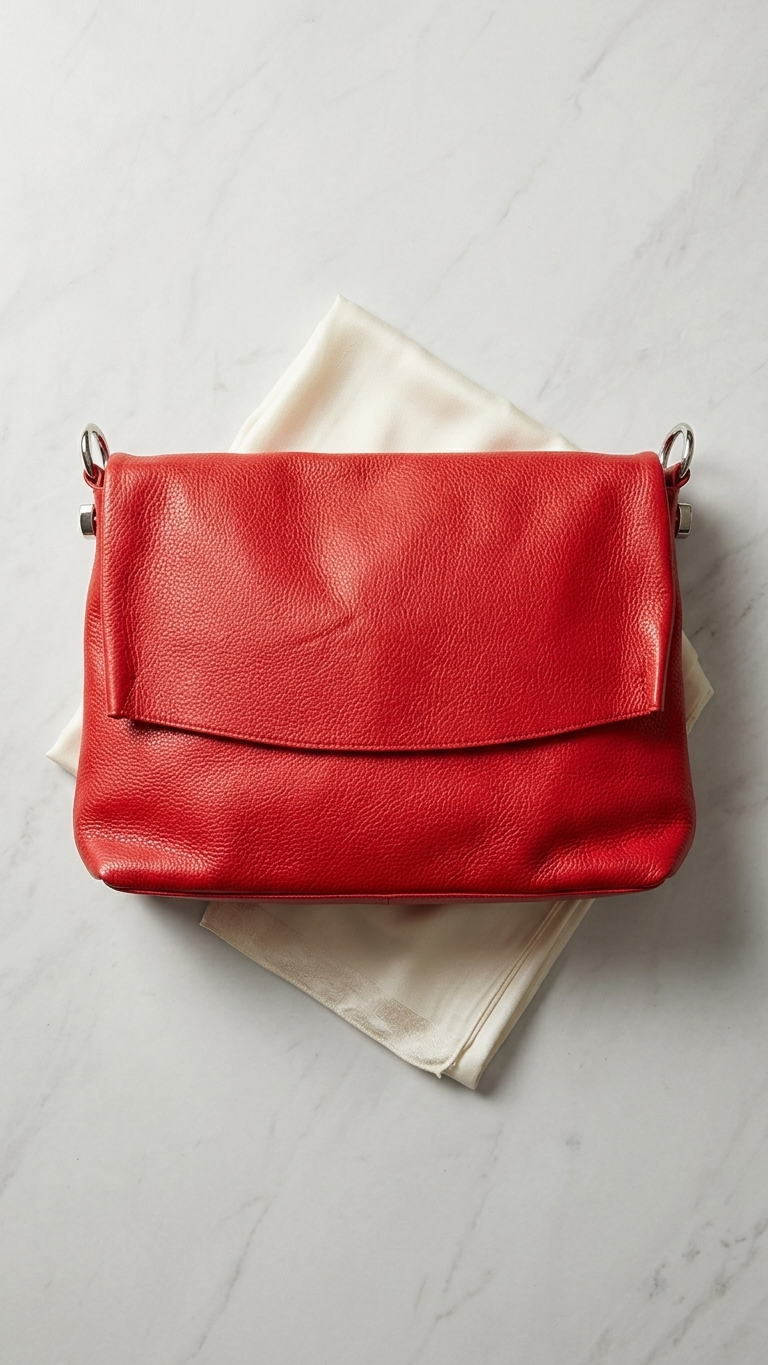 Red Genuine Leather Shoulder Bag | Made in Italy | Foldover Flap | 15" x 9"