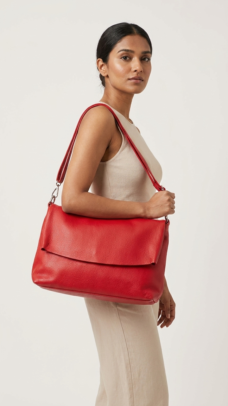 Red Genuine Leather Shoulder Bag | Made in Italy | Foldover Flap | 15" x 9"