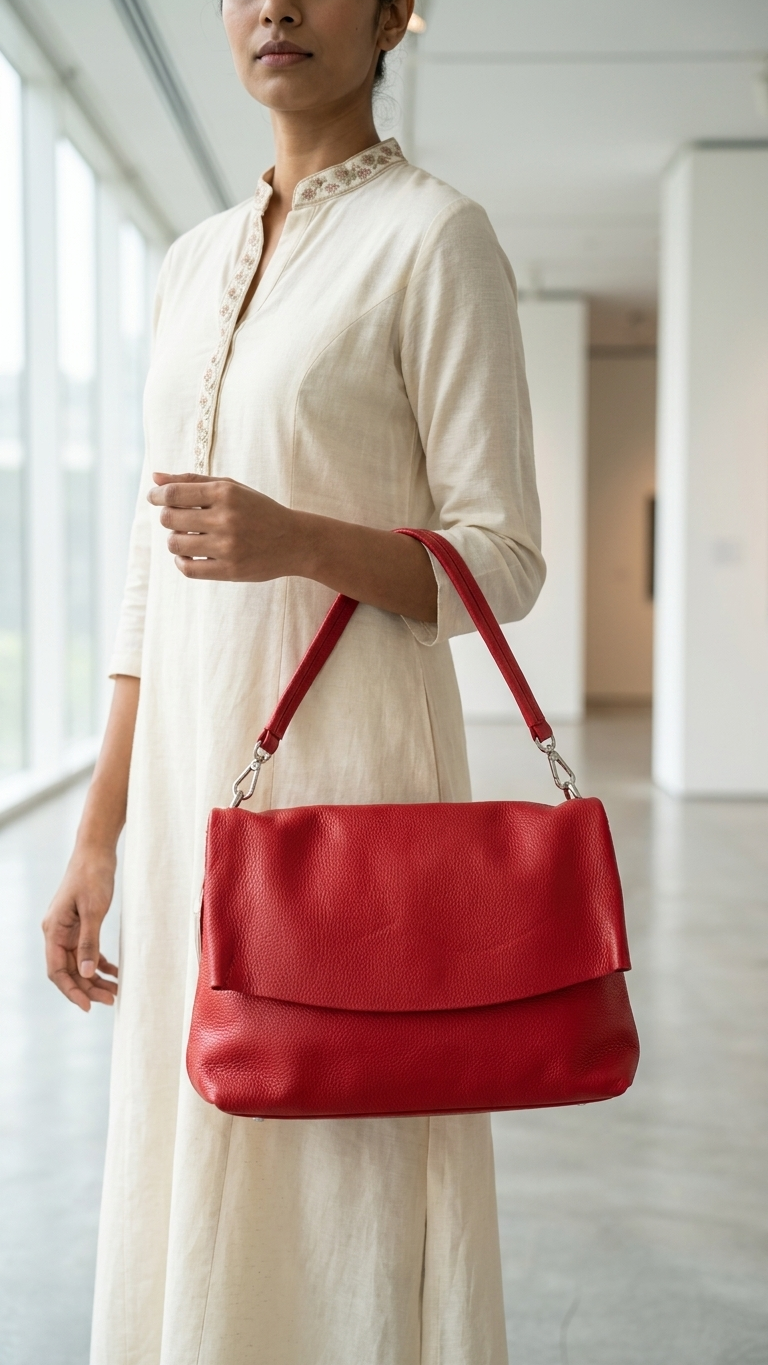 Red Genuine Leather Shoulder Bag | Made in Italy | Foldover Flap | 15" x 9"