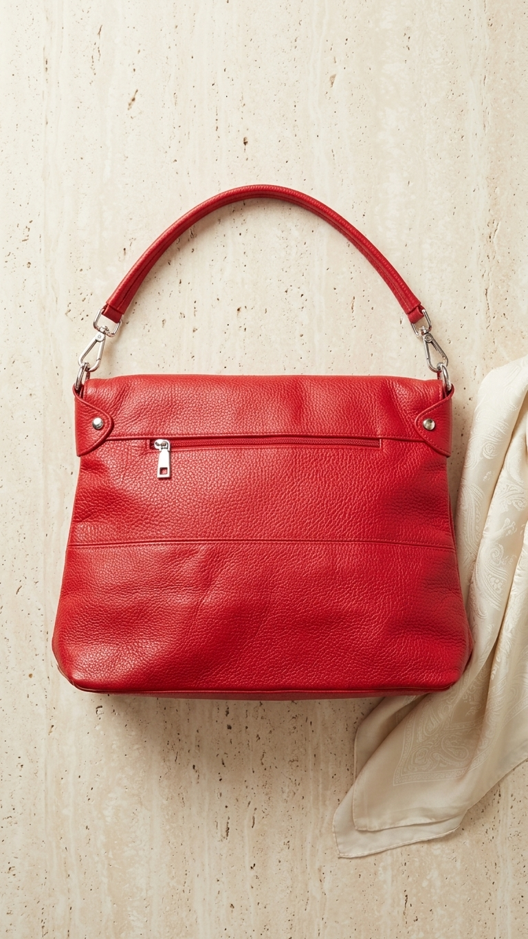 Red Genuine Leather Shoulder Bag | Made in Italy | Foldover Flap | 15" x 9"