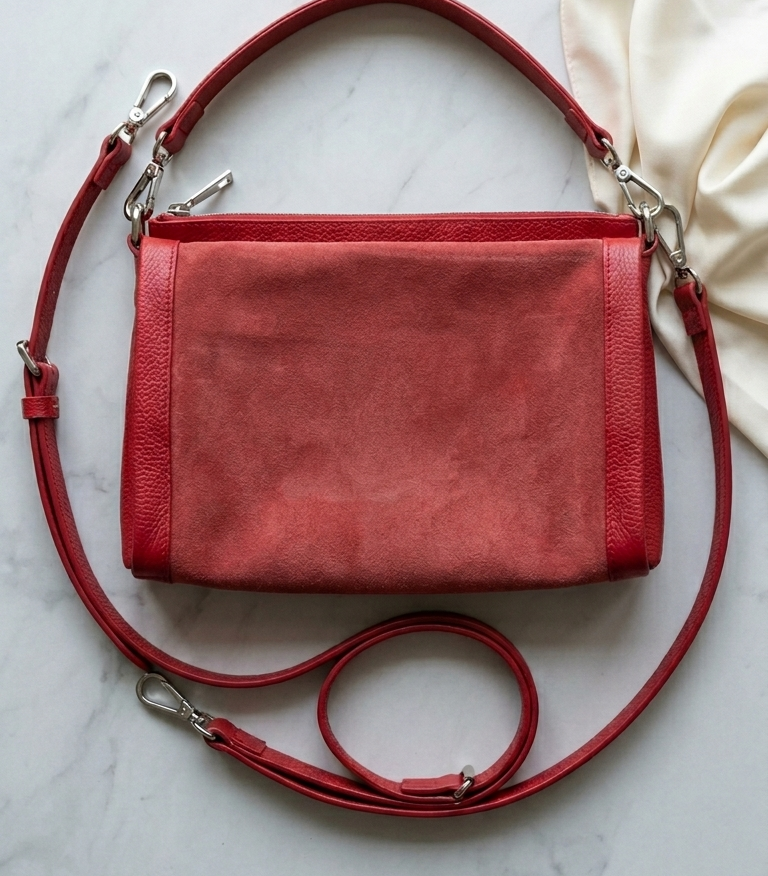Red Genuine Leather Shoulder Bag | Made in Italy | Foldover Flap | 15" x 9"