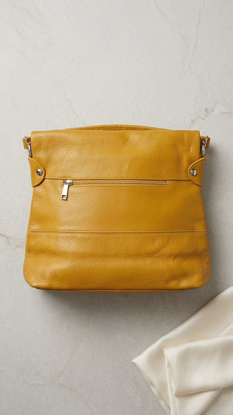 Mustard Genuine Leather Shoulder Bag | Made in Italy | Foldover Flap | 15" x 9"