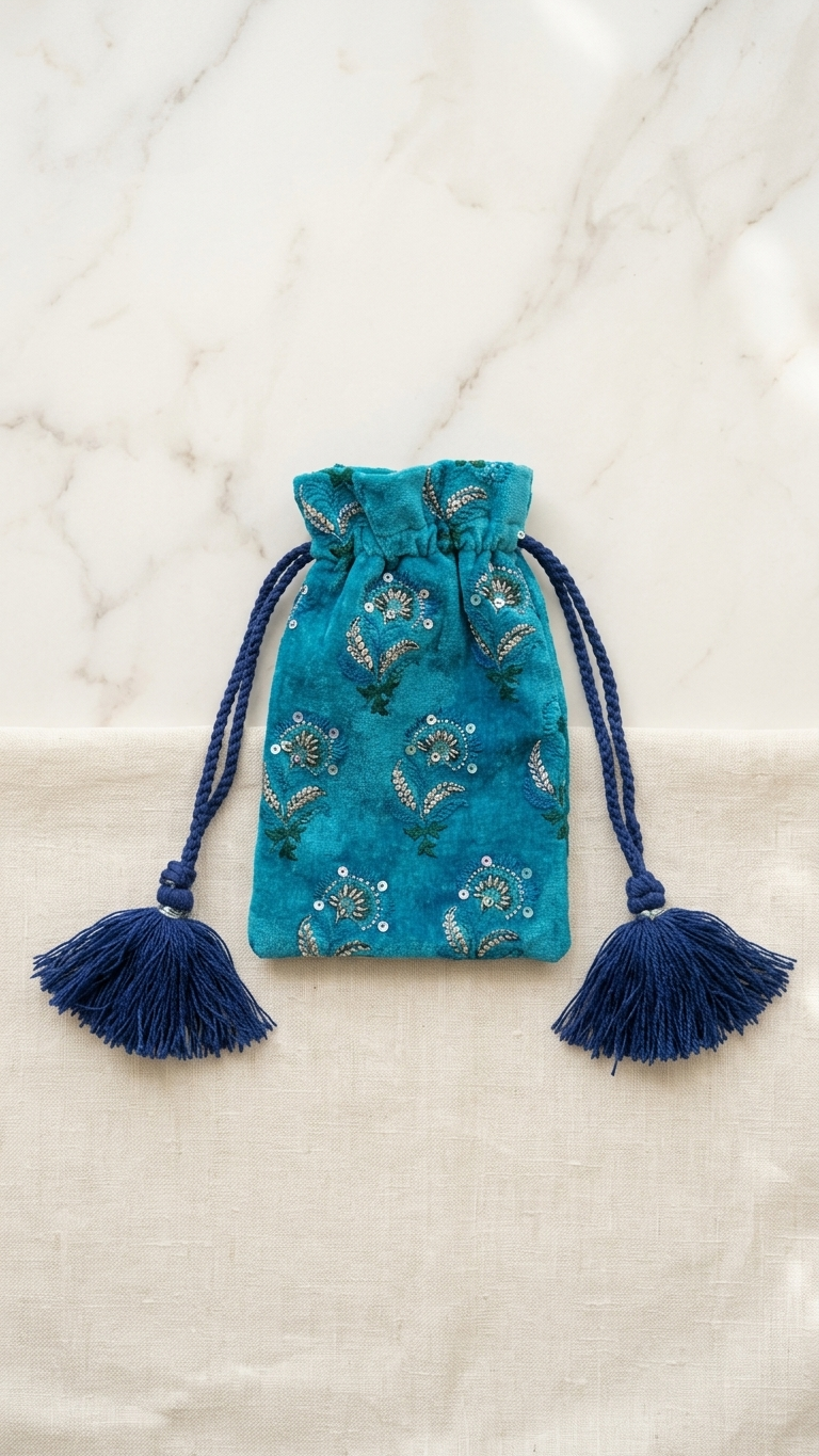 Teal Embroidered Sequin Velvet Potli Bag | Drawstring & Crossbody Cord |