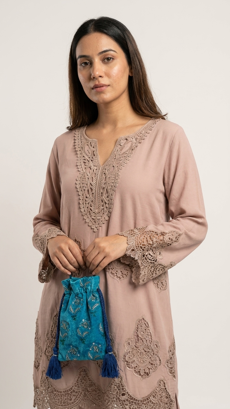 Teal Embroidered Sequin Velvet Potli Bag | Drawstring & Crossbody Cord |