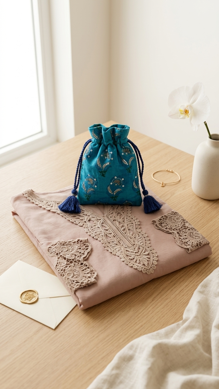 Teal Embroidered Sequin Velvet Potli Bag | Drawstring & Crossbody Cord |
