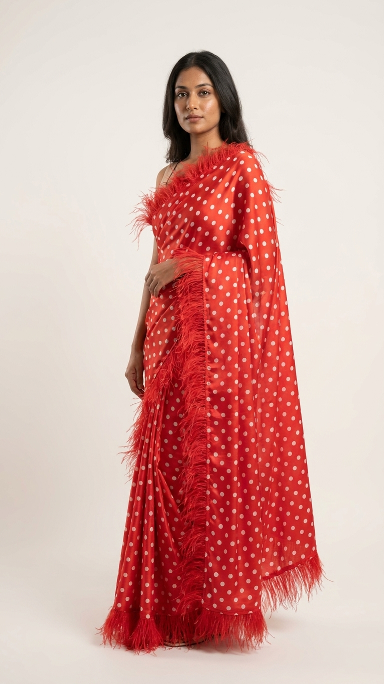 Red Polka Dot Feather Trim Saree