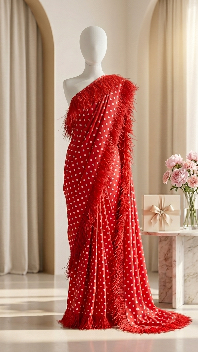 Red Polka Dot Feather Trim Saree