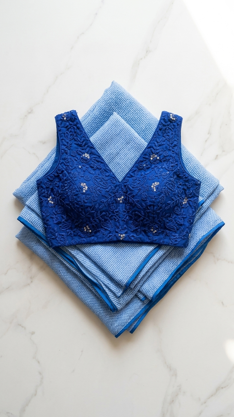 Sky Blue Chiffon Saree with Royal Blue Embroidered Blouse