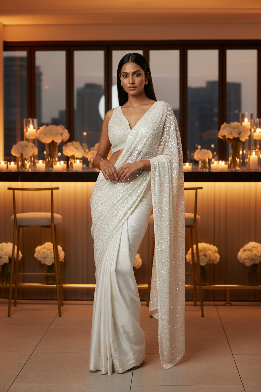 Ivory Half & Half Sequin Saree — Pearl Blouse, Two-Way Drape