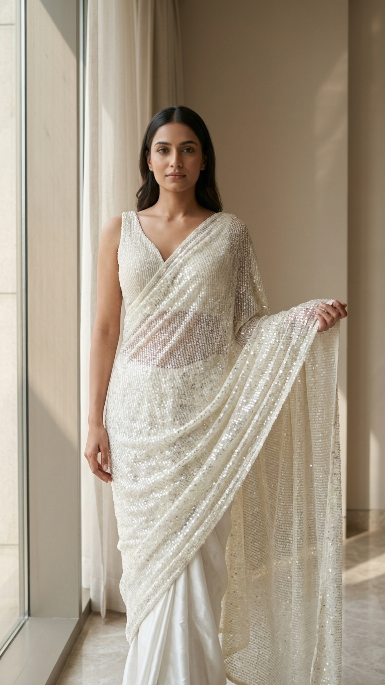 Ivory Half & Half Sequin Saree — Pearl Blouse, Two-Way Drape