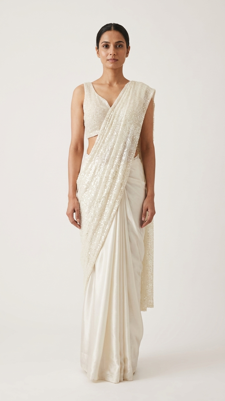 Ivory Half & Half Sequin Saree — Pearl Blouse, Two-Way Drape
