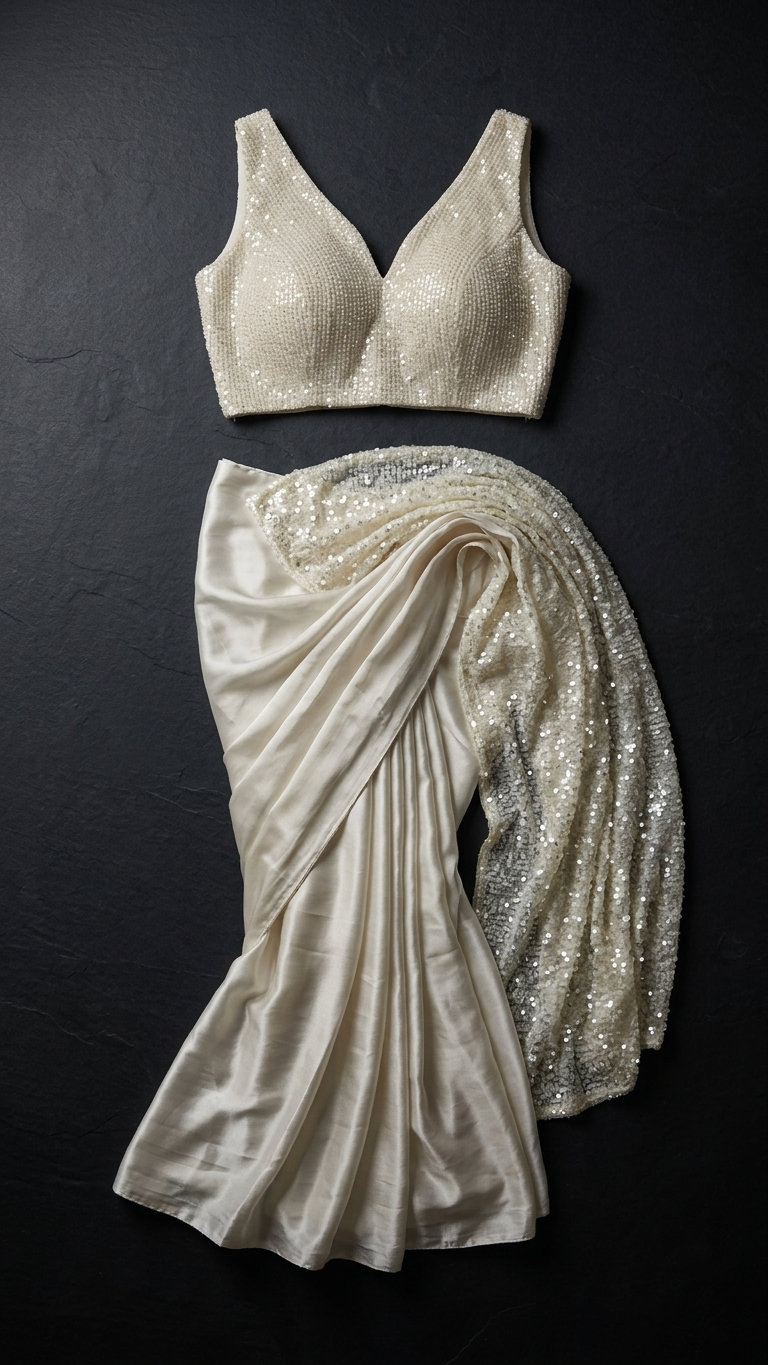 Ivory Half & Half Sequin Saree — Pearl Blouse, Two-Way Drape