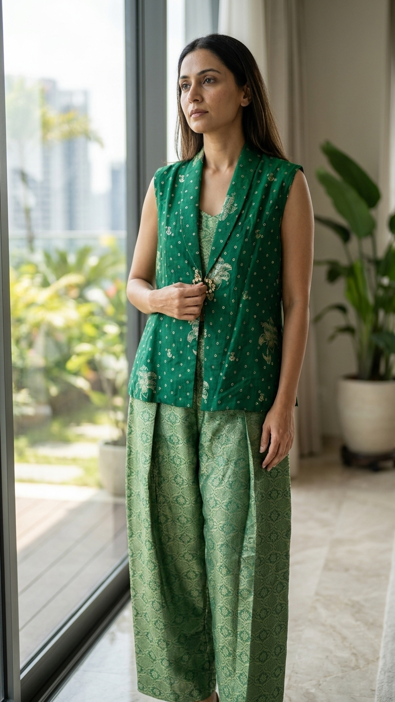 Emerald Banarasi 3-Piece Indo-Western Set — Vest, Cami & Palazzo
