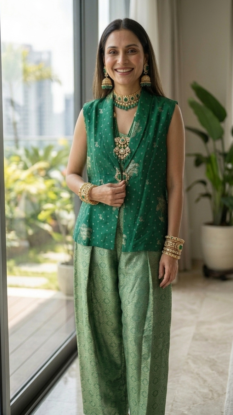 Emerald Banarasi 3-Piece Indo-Western Set — Vest, Cami & Palazzo