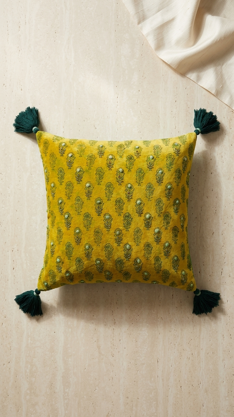 Saffron Buti Velvet Cushion Cover —embroidered , greenTassels, 18x18"