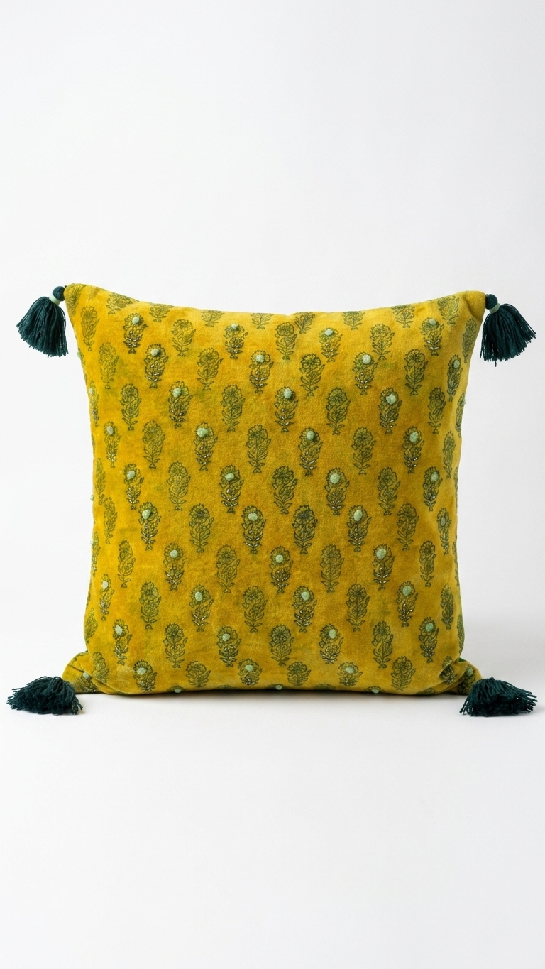 Saffron Buti Velvet Cushion Cover —embroidered , greenTassels, 18x18"