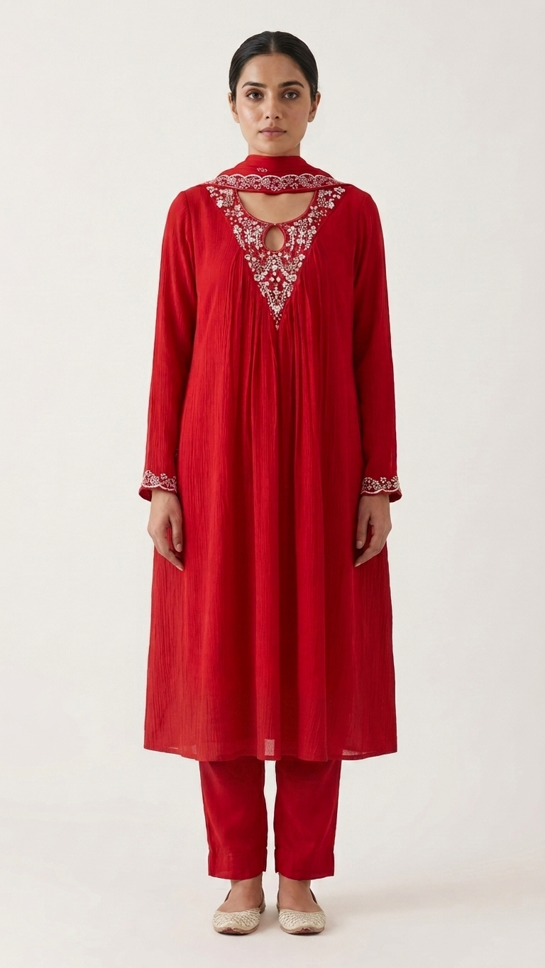 Red Pleated 3-Piece Suit — Embroidered Keyhole Neck, Chiffon Dupatta, 2XL