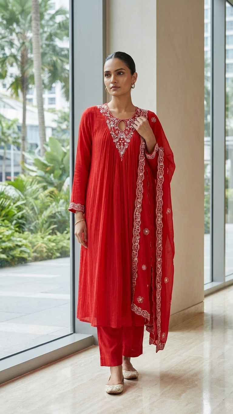 Red Pleated 3-Piece Suit — Embroidered Keyhole Neck, Chiffon Dupatta, 2XL