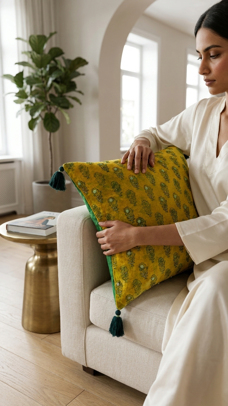 Saffron Buti Velvet Cushion Cover —embroidered , greenTassels, 18x18"