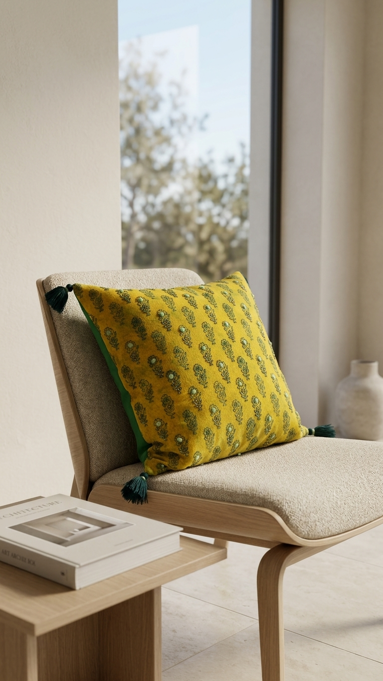 Saffron Buti Velvet Cushion Cover —embroidered , greenTassels, 18x18"
