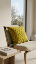 Saffron Buti Velvet Cushion Cover —embroidered , greenTassels, 18x18"