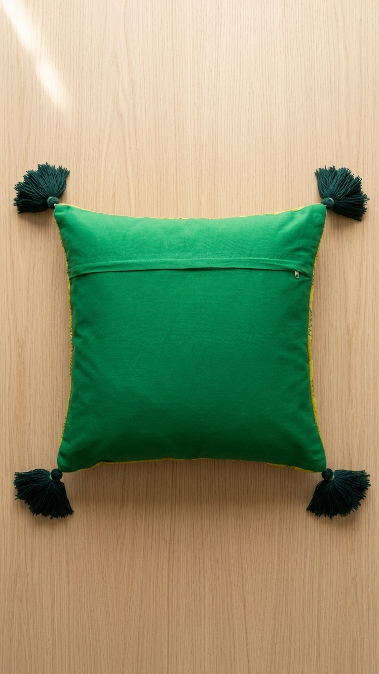 Saffron Buti Velvet Cushion Cover —embroidered , greenTassels, 18x18"