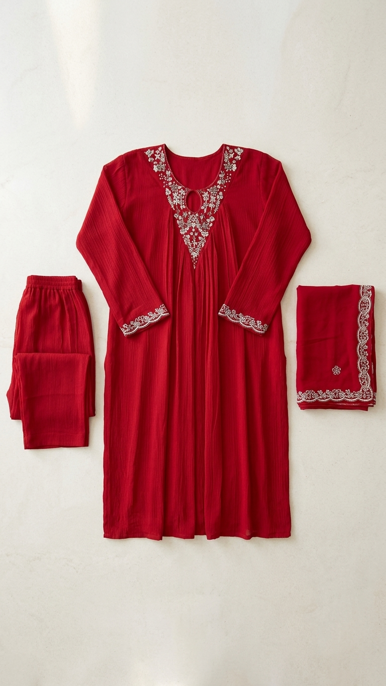 Red Pleated 3-Piece Suit — Embroidered Keyhole Neck, Chiffon Dupatta, 2XL