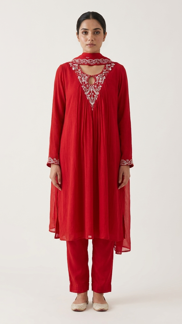 Red Pleated 3-Piece Suit — Embroidered Keyhole Neck, Chiffon Dupatta, 2XL