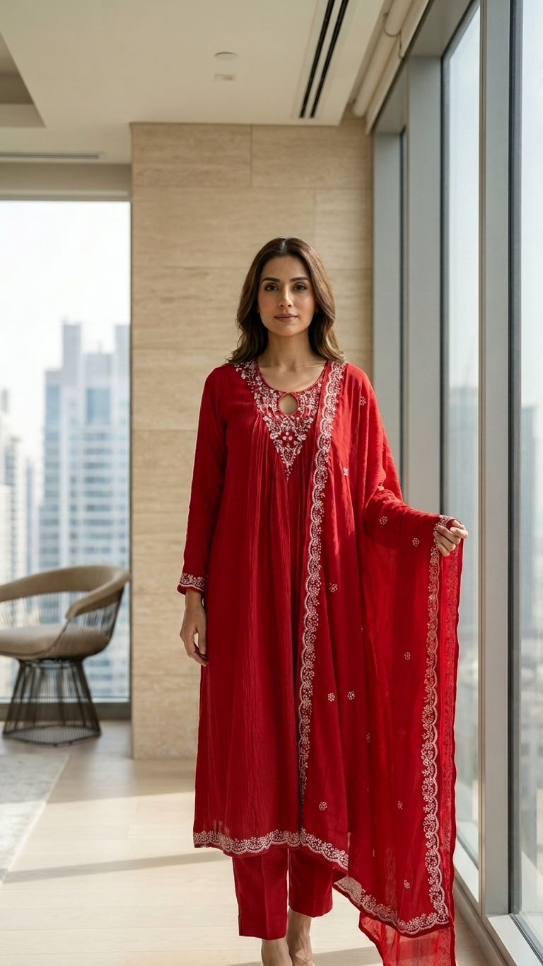 Red Pleated 3-Piece Suit — Embroidered Keyhole Neck, Chiffon Dupatta, 2XL