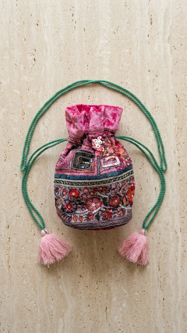Pink Velvet Beaded Potli Bag — Embroidered Bucket Bag, Tassel Drawstring