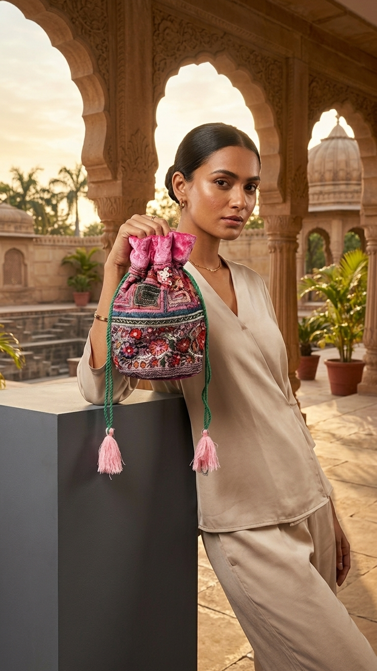 Pink Velvet Beaded Potli Bag — Embroidered Bucket Bag, Tassel Drawstring