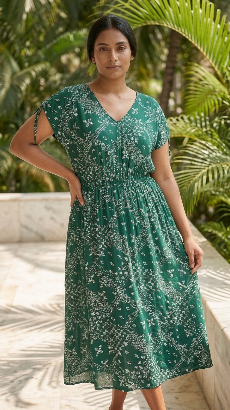 Forest Green Geometric Maxi Dress — Deep V-Neck, Side Slits, Plus Size