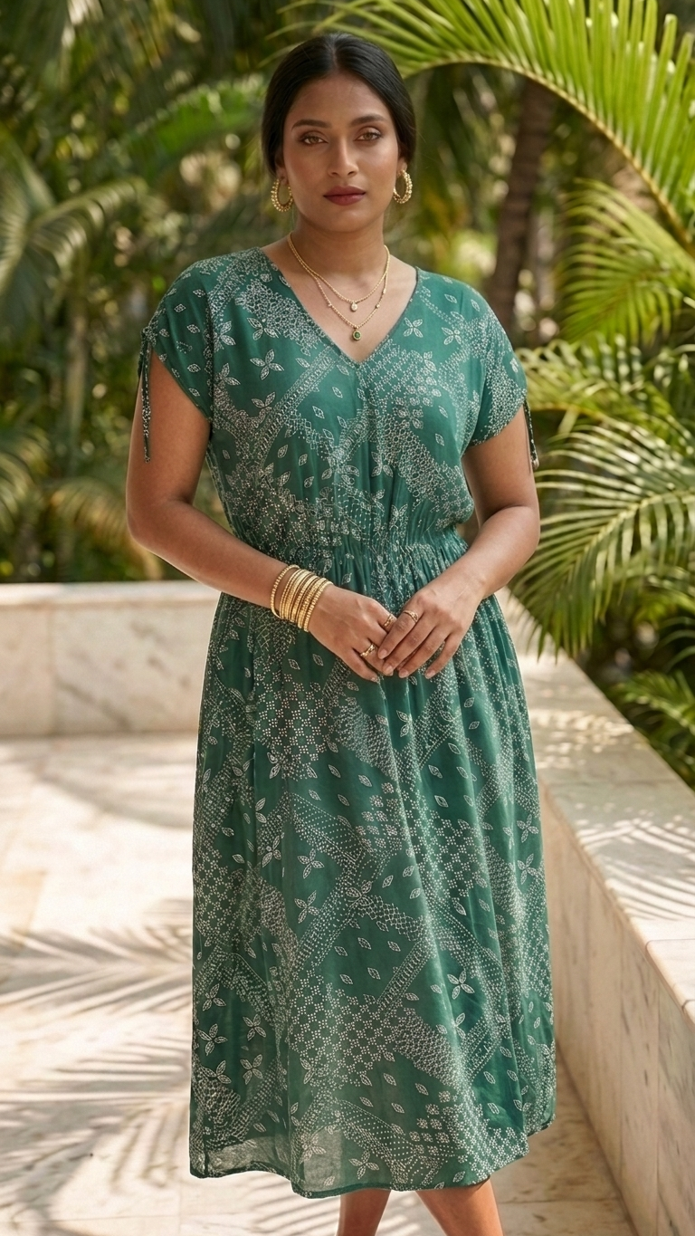 Forest Green Geometric Maxi Dress — Deep V-Neck, Side Slits, Plus Size