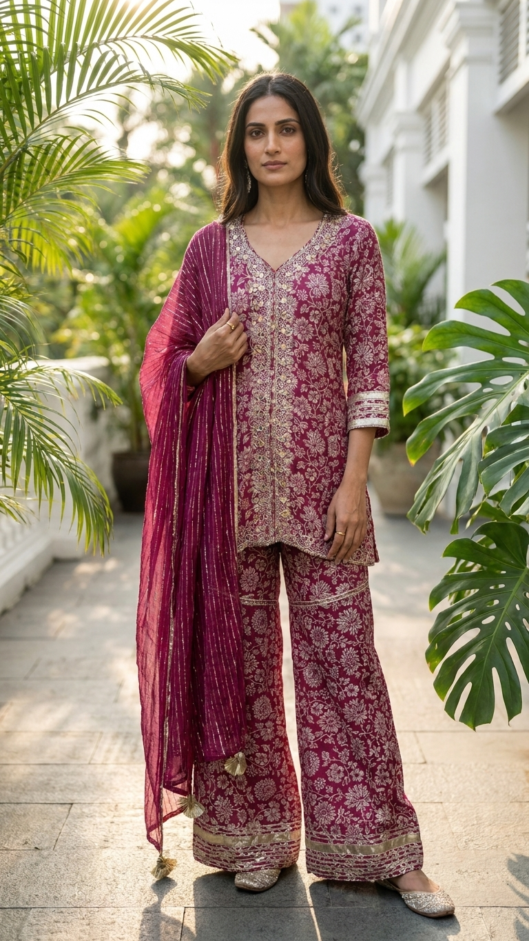 Magenta Floral embroidered  3-Piece Kurta Set — Muslin Modal, Palazzo & Dupatta