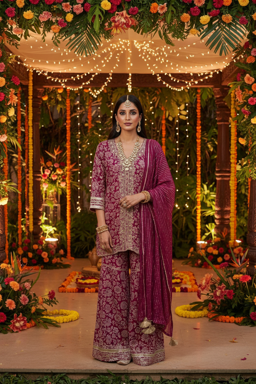 Magenta Floral embroidered  3-Piece Kurta Set — Muslin Modal, Palazzo & Dupatta