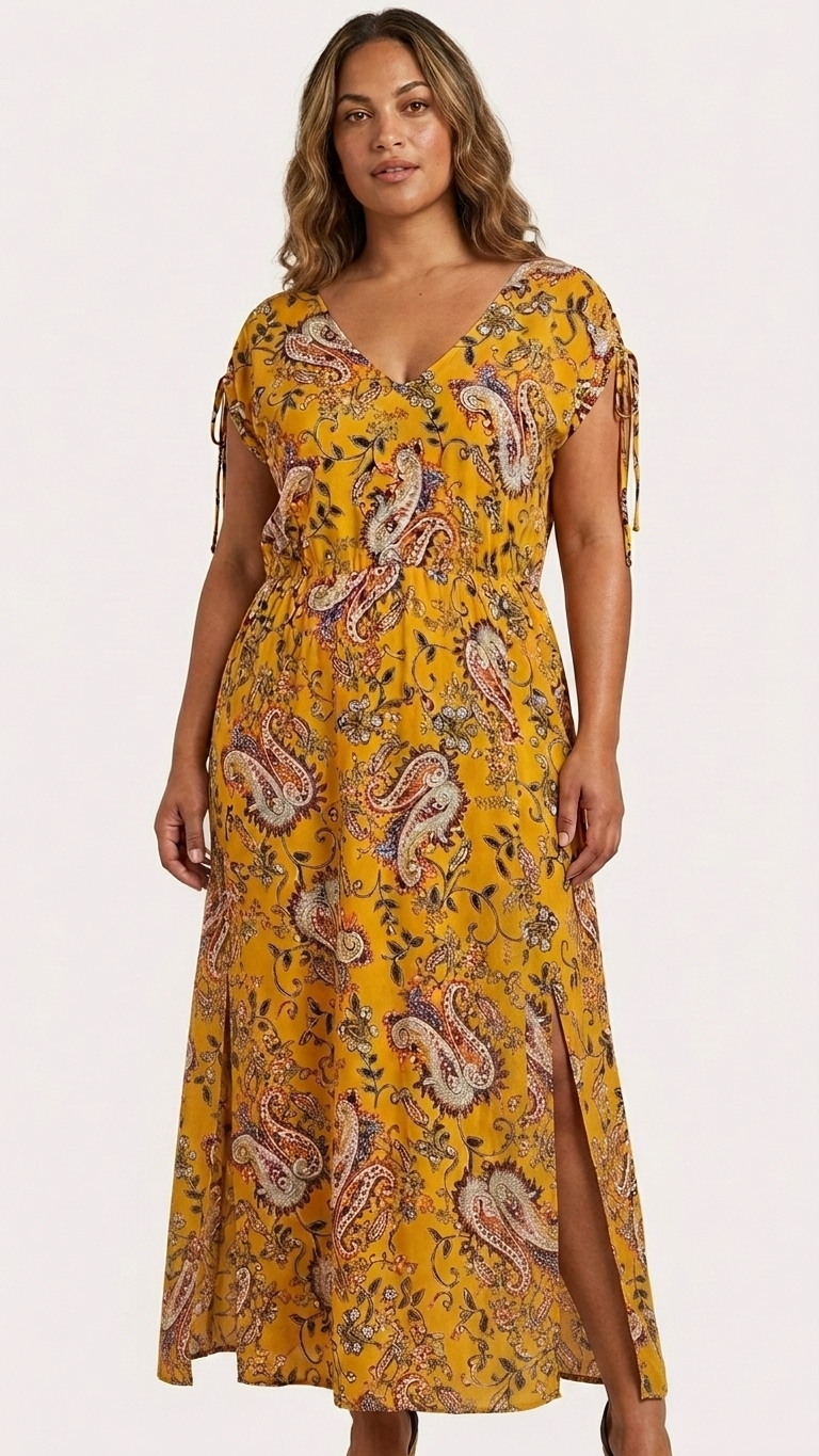 Mustard  Paisley Maxi Dress — Deep V-Neck, Side Slits, Plus Size
