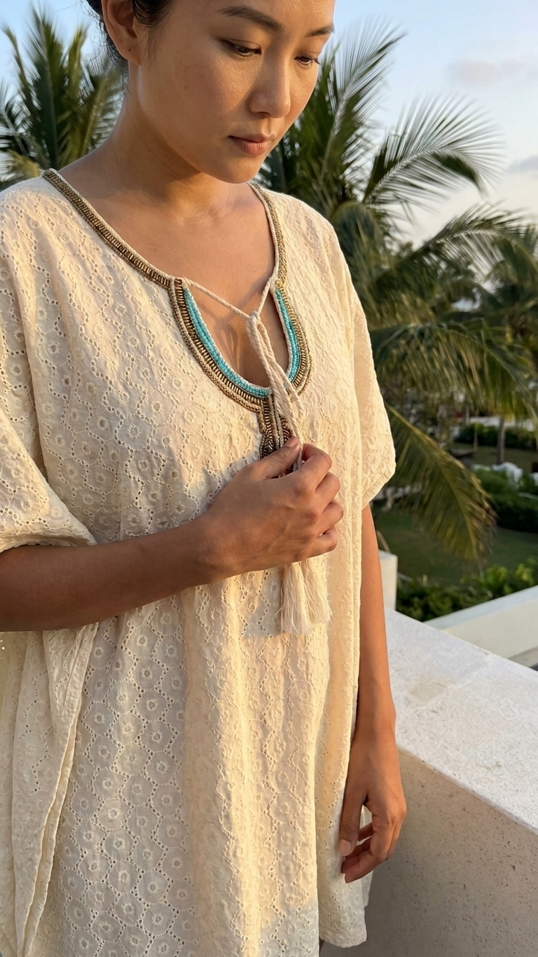 Ivory Eyelet Kaftan / summer top — Beaded Tassel Tie, Beach Cover-Up