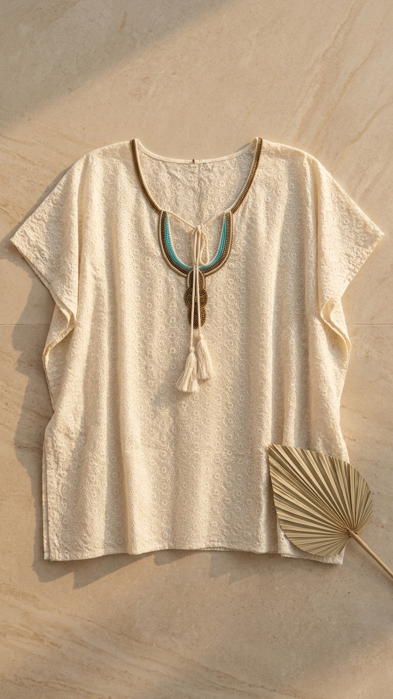 Ivory Eyelet Kaftan / summer top — Beaded Tassel Tie, Beach Cover-Up