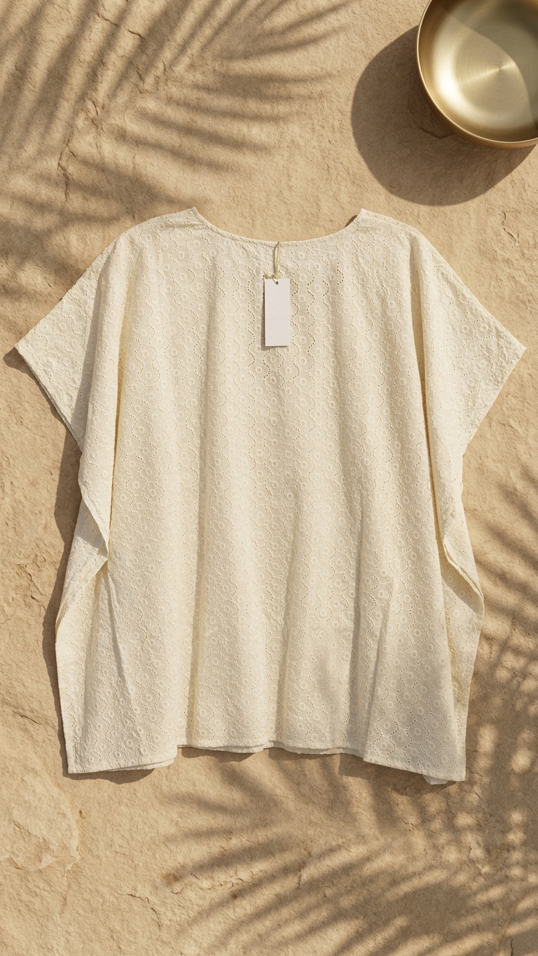 Ivory Eyelet Kaftan / summer top — Beaded Tassel Tie, Beach Cover-Up