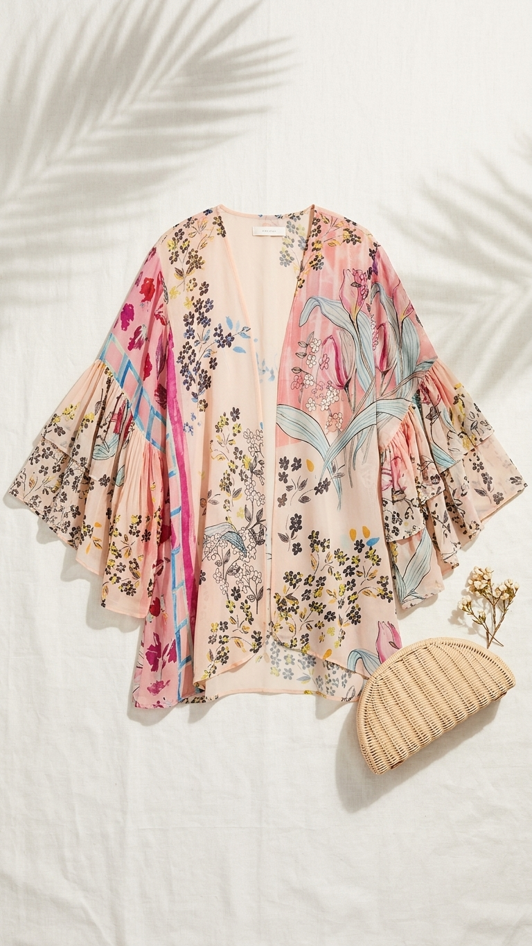 Blush Botanical Kimono — Floral Print Viscose Chiffon Cover-Up