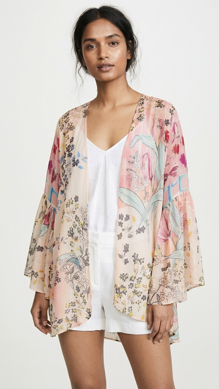 Blush Botanical Kimono — Floral Print Viscose Chiffon Cover-Up
