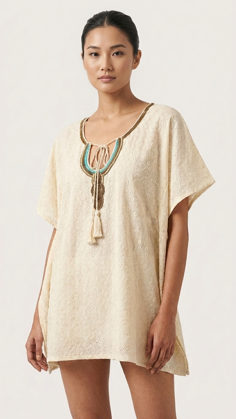 Ivory Eyelet Kaftan / summer top — Beaded Tassel Tie, Beach Cover-Up