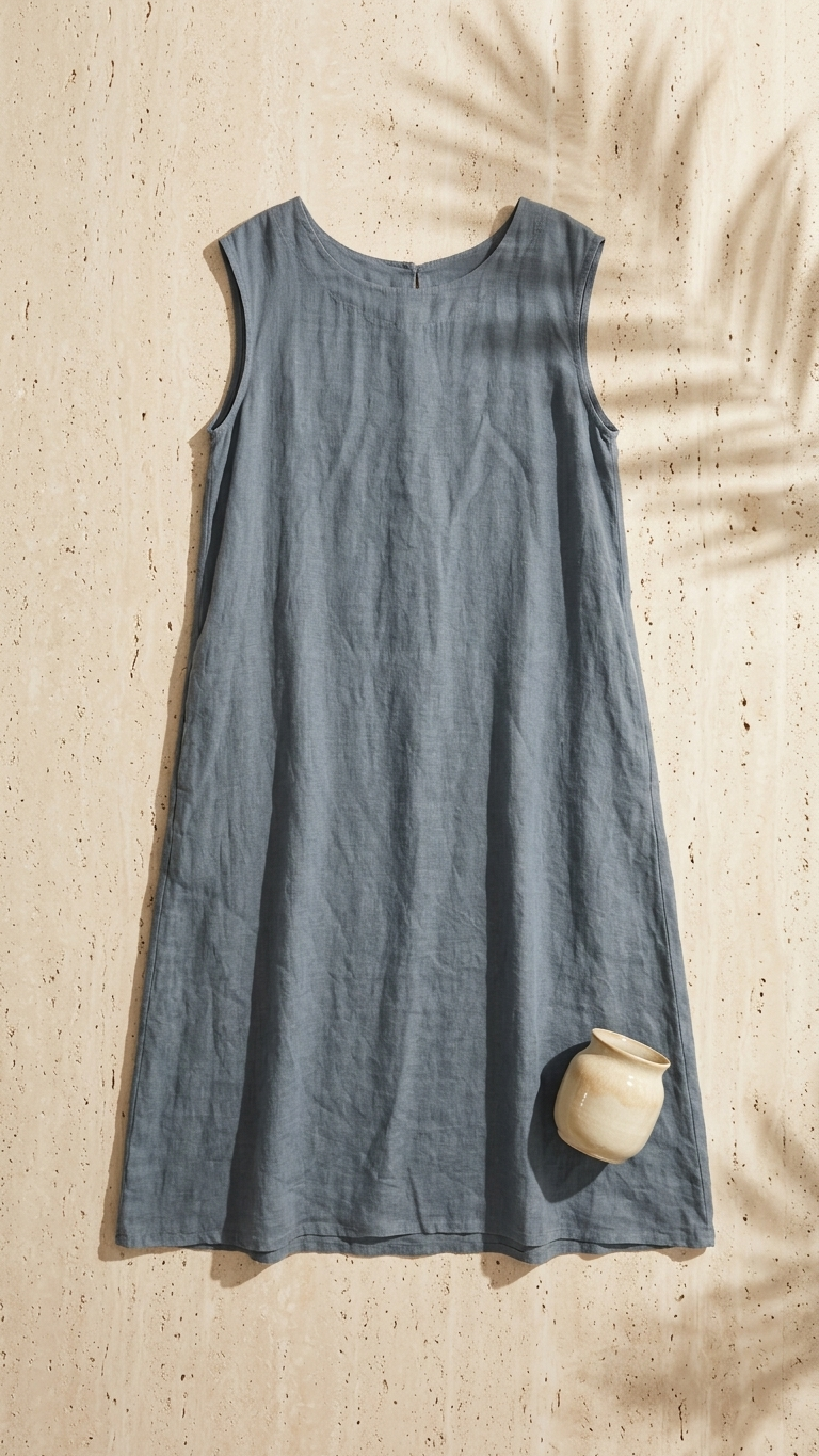 Italian Linen Maxi Dress — Slate Blue, Asymmetric Hem, One Size | Made in Italy
