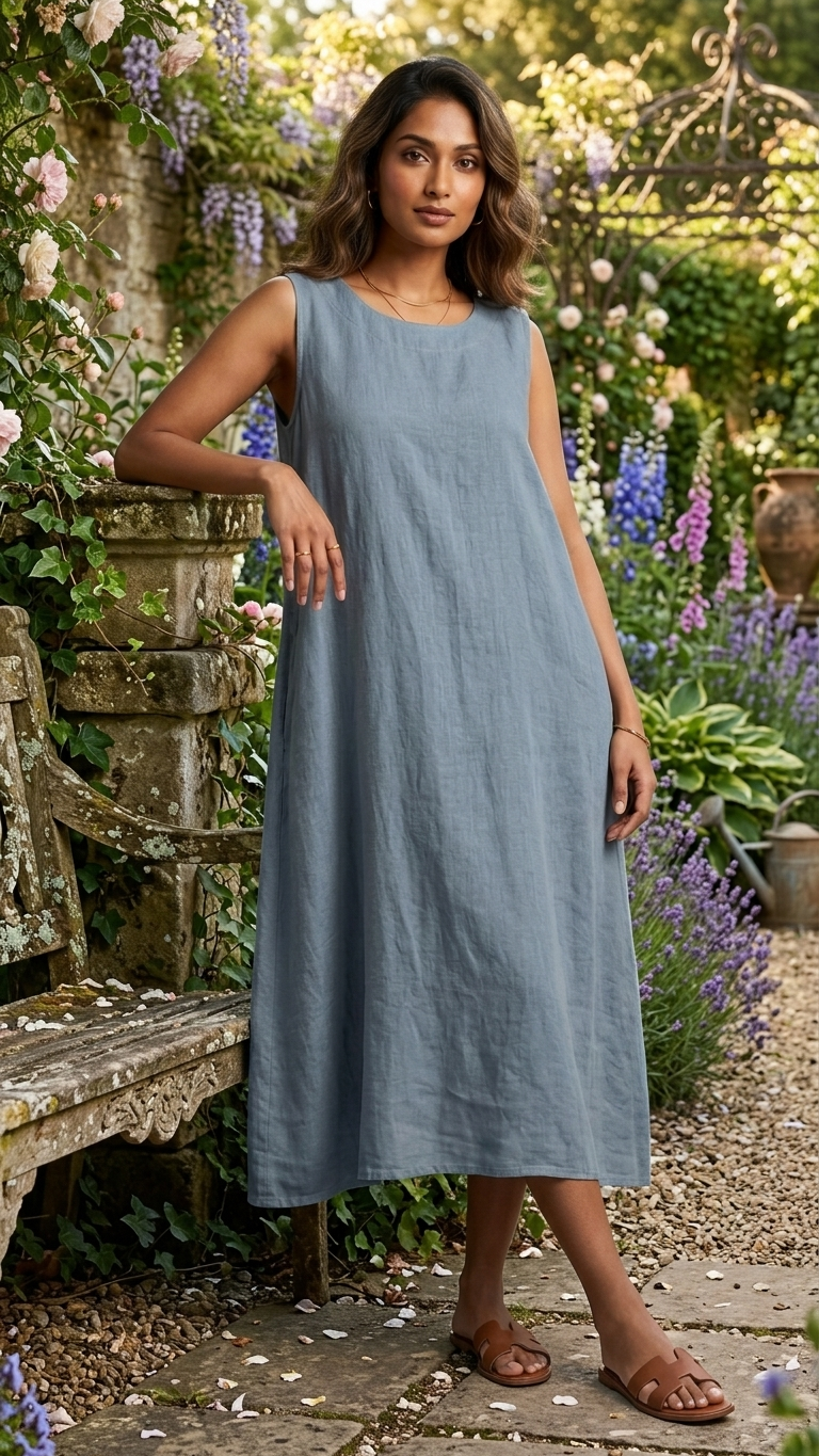 Italian Linen Maxi Dress — Slate Blue, Asymmetric Hem, One Size | Made in Italy