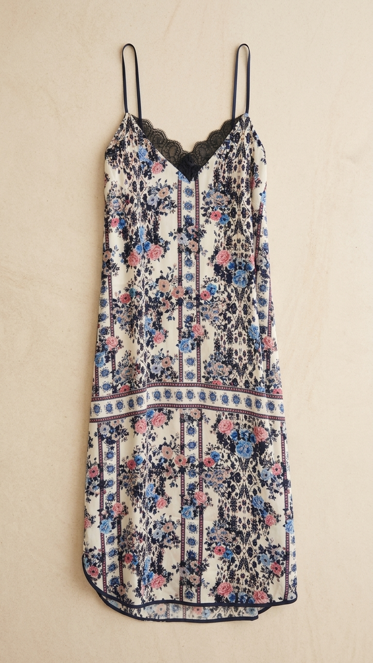 Floral Border Print Slip Dress — Rayon, Navy Lace Trim, High-Low Hem