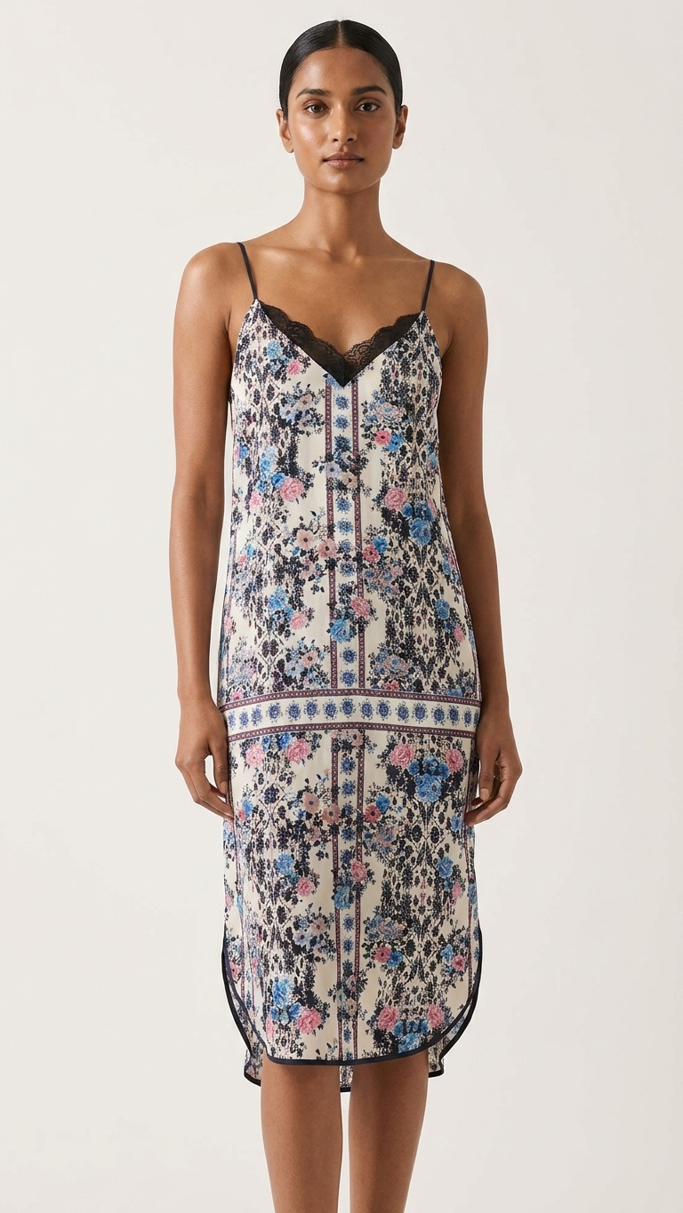 Floral Border Print Slip Dress — Rayon, Navy Lace Trim, High-Low Hem