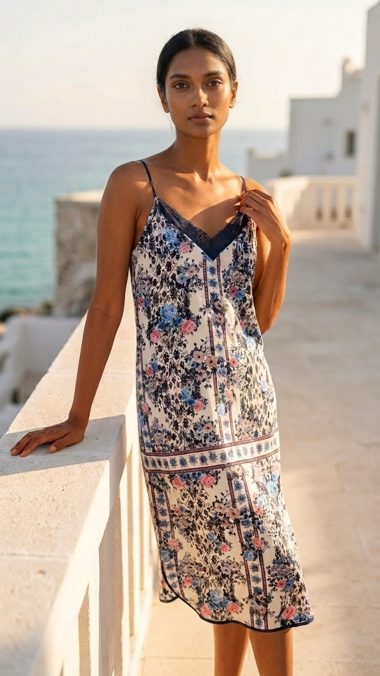 Floral Border Print Slip Dress — Rayon, Navy Lace Trim, High-Low Hem