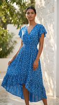 Italian Ditsy Daisy Wrap Dress — Soft Viscose, High-Low Hem | Made in Italy