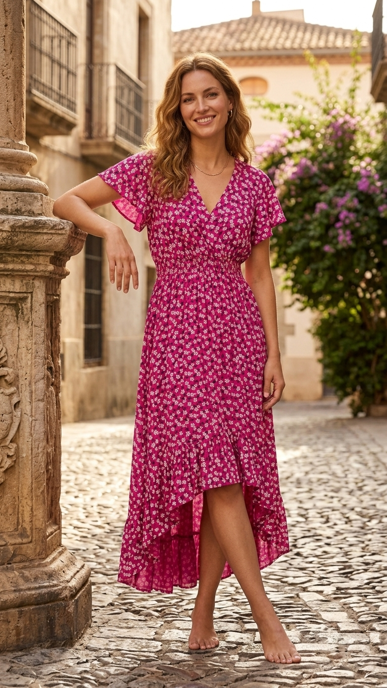Italian Ditsy Daisy Wrap Dress — Soft Viscose, High-Low Hem | Made in Italy